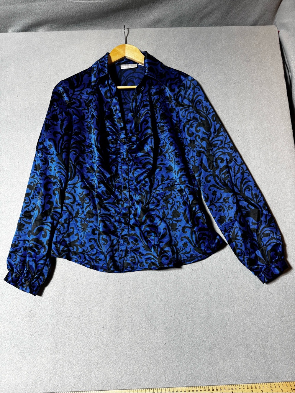 Worthington Blue and Black Floral Satin Button-Down Blouse